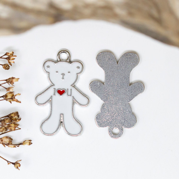 Silver Plated Enamel 27x17mm White I Love U Bear Charm