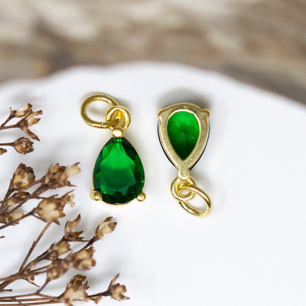 Gold Plated Micro Pave 11x6mm Green CZ Drop Charm