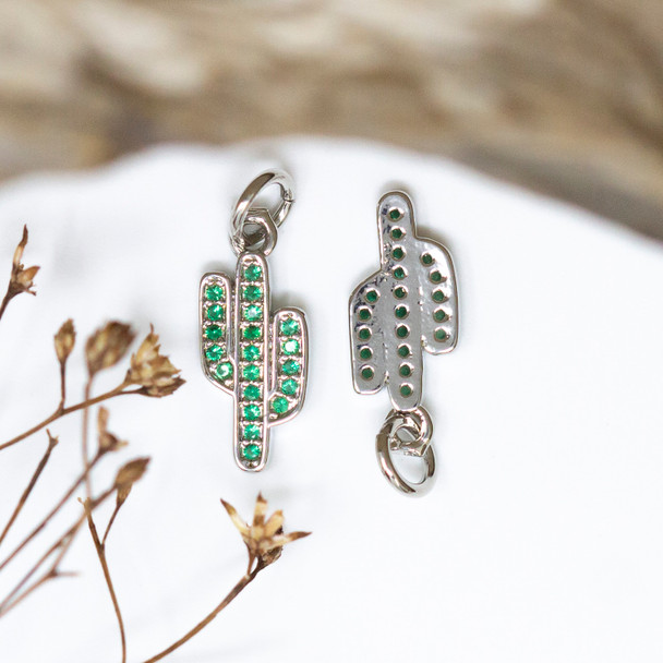 Silver Plated Micro Pave 15x6mm Green Cactus Charm