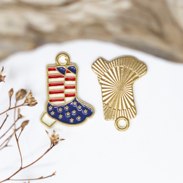 Gold Plated Enamel 14x18mm American Flag Boots Charm