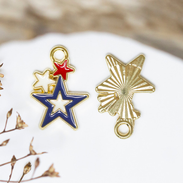 Gold Plated Enamel 12x17mm American Flag Triple Star Charm