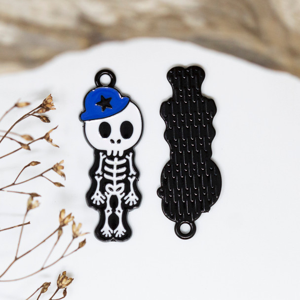 Black Plated Enamel 32x12mm Blue Hat Skeleton Charm