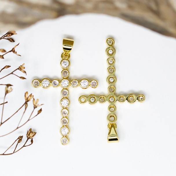 Gold Plated Micro Pave 30x21mm Beaded Cross Pendant
