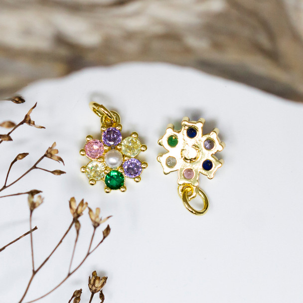 Gold Plated Micro Pave 10.5mm Multi Color Pearl Flower Charm