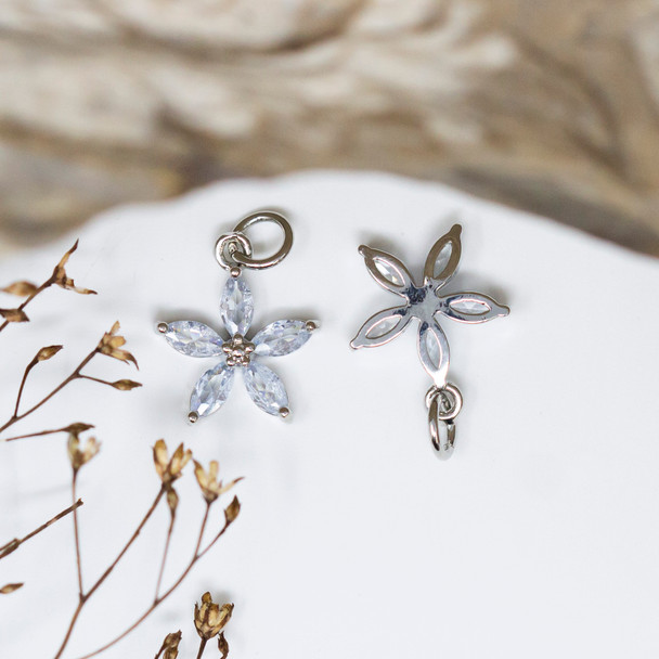 Silver Plated Micro Pave 12mm Crystal Flower Charm