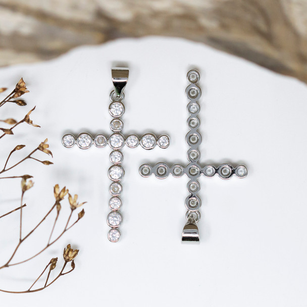 Silver Plated Micro Pave 30x21mm Beaded Cross Charm