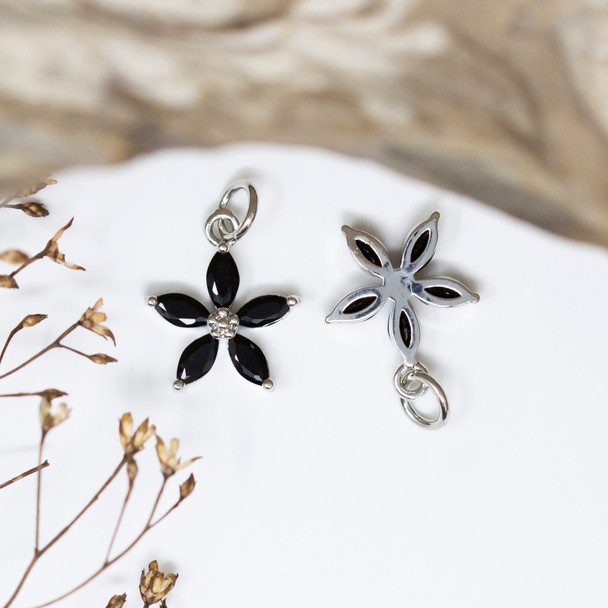Silver Plated Micro Pave 12mm Black Flower Charm