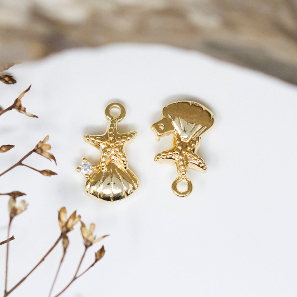 Gold Plated Micro Pave 12x8mm Shell and Starfish Charm