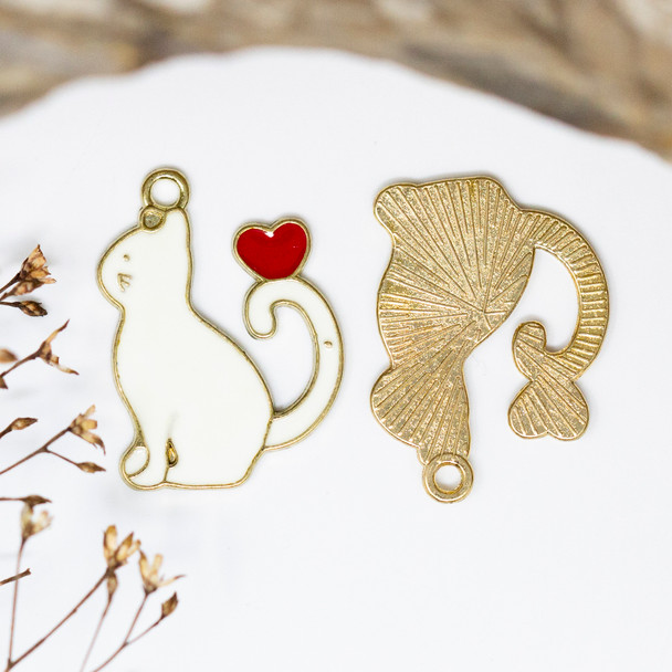 Gold Plated Enamel 18x27mm Heart Cat Charm