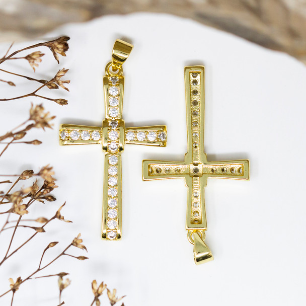 Gold Plated Micro Pave 34x20mm Cross Charm