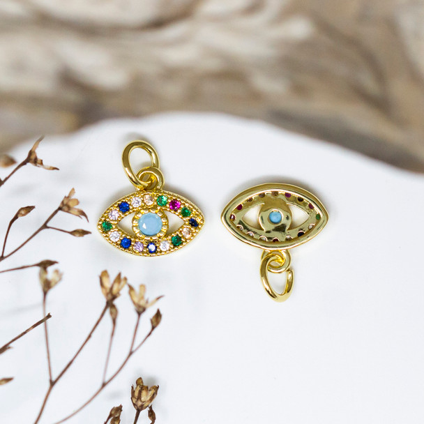 Gold Plated Micro Pave 7x11mm Multi Color Evil Eye Charm