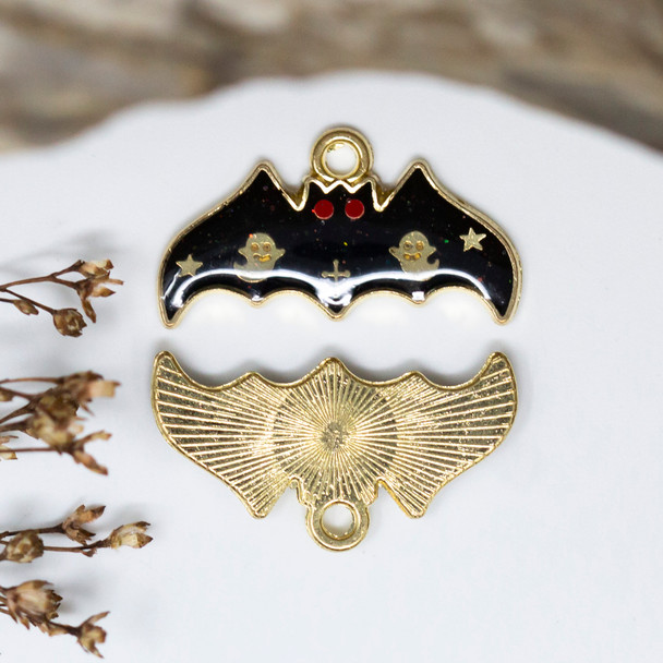 Gold Plated Enamel 13x25mm Glitter Bat Charm