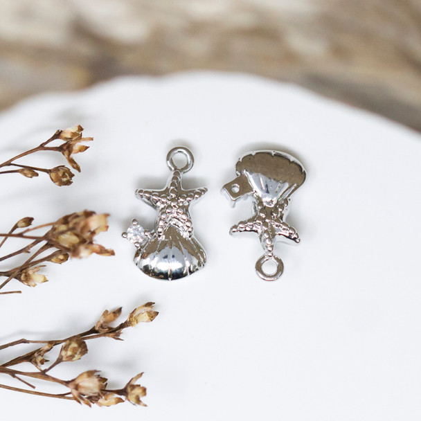 Silver Plated Micro Pave 12x8mm Shell and Starfish Charm