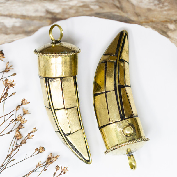 Brass 20x62mm Inlaid Horn / Tooth Pendant