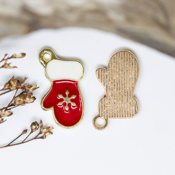 Gold Plated Enamel 10x15mm Red Mitten Charm