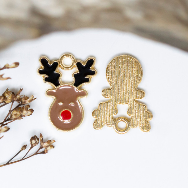 Gold Plated Enamel 13x16mm Reindeer Face Charm