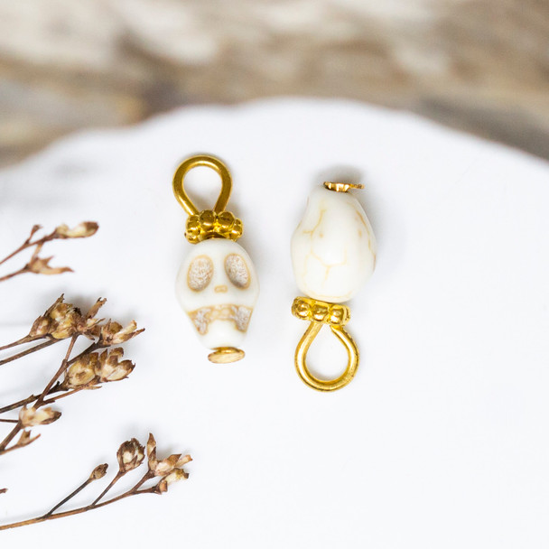 Gold Plated Ivory Magnesite 11x6mm Skull with Crown Charm