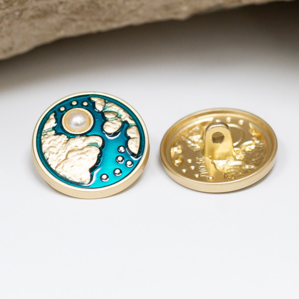 Gold Plated Alloy 20mm Pearl Sun Blue Enamel Button