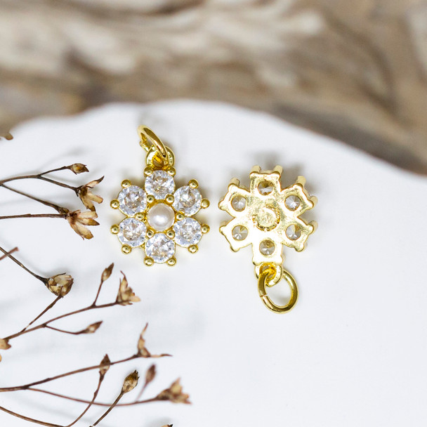 Gold Plated Micro Pave 10.5mm Pearl Flower Charm