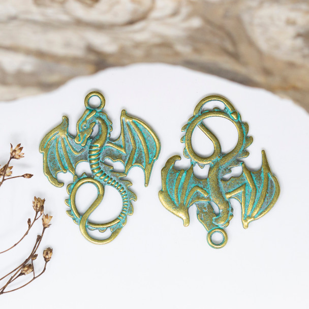 Green Patina Antique Brass Plated Alloy 35x27mm Dragon Pendant
