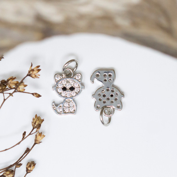 Silver Plated Micro Pave 12x8mm Kitty Cat Charm