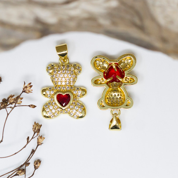 Gold Plated Micro Pave 14x18mm Red Heart Bear Charm