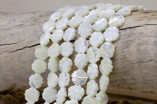 Mother of Pearl White Sea Shell 12mm Flower Carved Double Sided