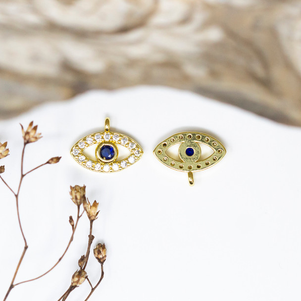 Gold Plated Micro Pave 12x8mm Blue Evil Eye Charm