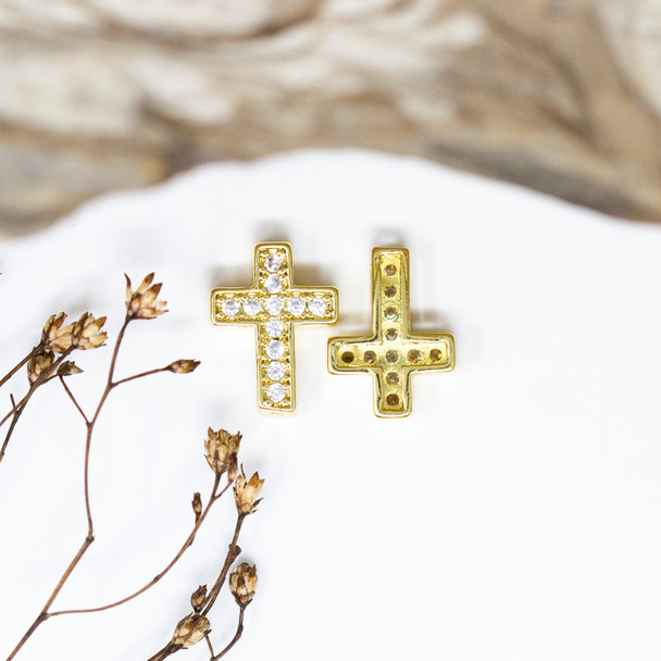 Gold Plated Micro Pave 13x9mm Cross Bead