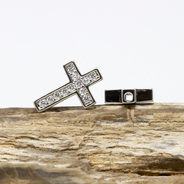 Silver Plated Micro Pave 18.5x12.5mm Cross Bead