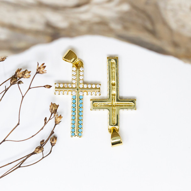 Gold Plated 25x15mm Micro Pave Turquoise Cross Charm