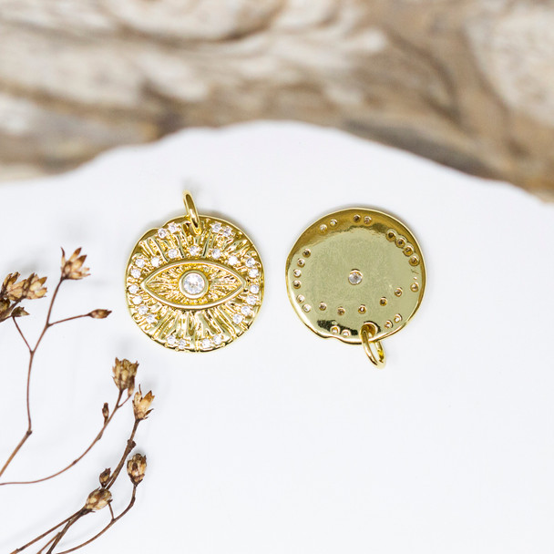 Gold Plated Micro Pave 15mm Evil Eye Flat Round Charm