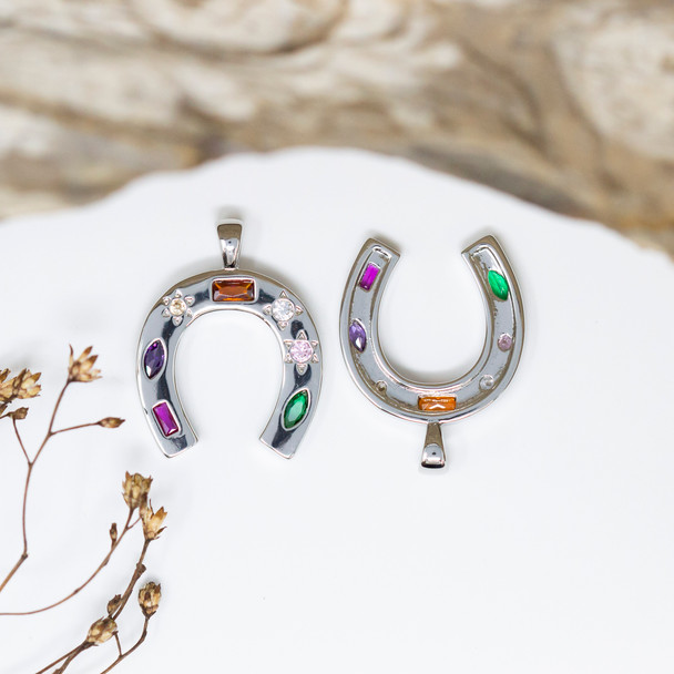 Silver Plated Micro Pave 22x17mm Multi Color Horse Shoe Charm
