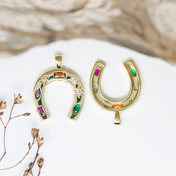 Gold Plated Micro Pave 22x17mm Multi Color Horse Shoe Charm