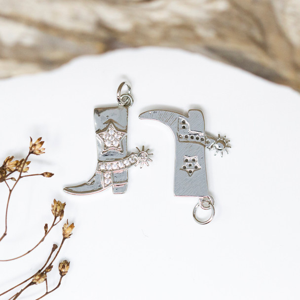 Silver Plated Micro Pave 18x13mm Cowboy Boot Charm