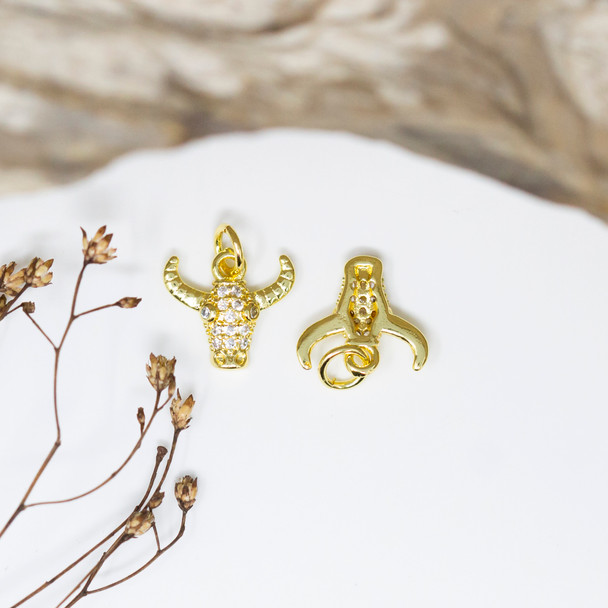 Gold Plated Micro Pave 11x12mm Bull Skull Charm