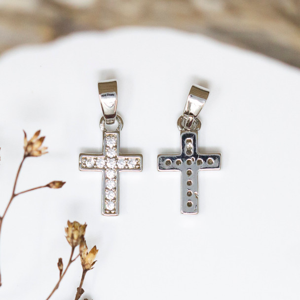 Silver Plated Micro Pave 13x7mm Cross Charm