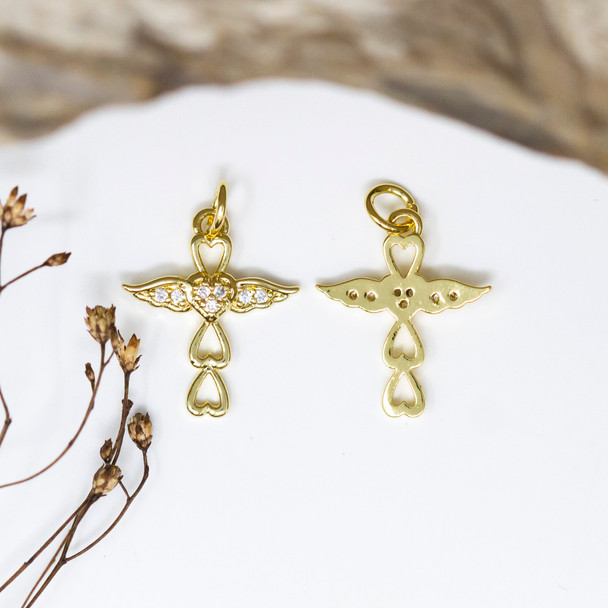 Gold Plated Micro Pave 18x16mm Love Wings Cross Charm