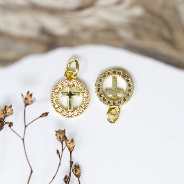 Gold Plated Micro Pave 10mm Cross in Ring Charm