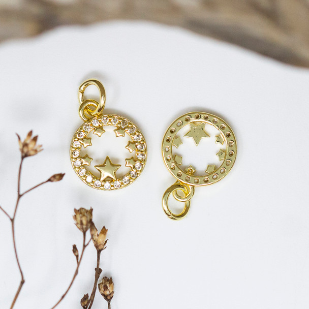 Gold Plated Micro Pave 10.5mm Round Stars Charm