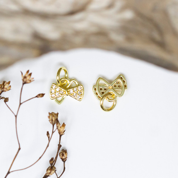 Gold Plated Micro Pave 7x9.5mm Tiny Bow Charm