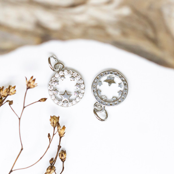 Silver Plated Micro Pave 10.5mm Round Stars Charm