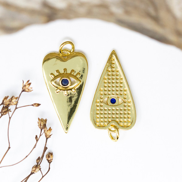Gold Plated Micro Pave 24x13mm Long Heart Navy Eye Charm