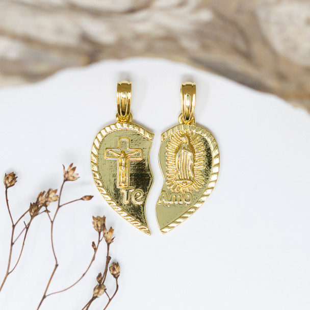 Gold Plated 25x12mm Split Heart Mary Jesus Charm