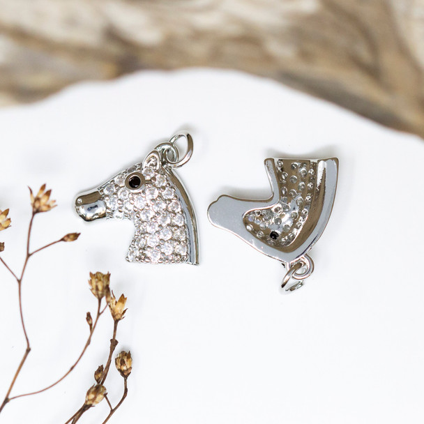 Silver Plated Micro Pave 17x15.5mm Horse Head Charm
