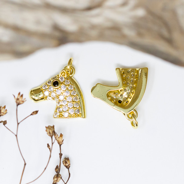 Gold Plated Micro Pave 17x15.5mm Horse Head Charm