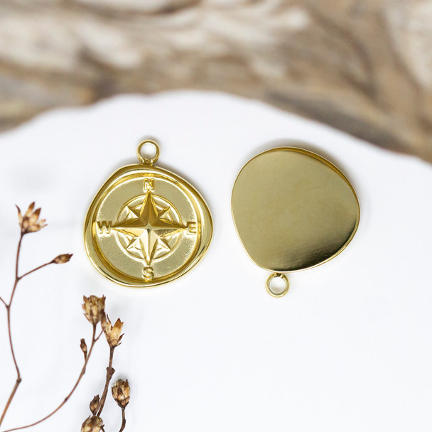 14K Gold Plated Stainless Steel 15mm Compass Charm