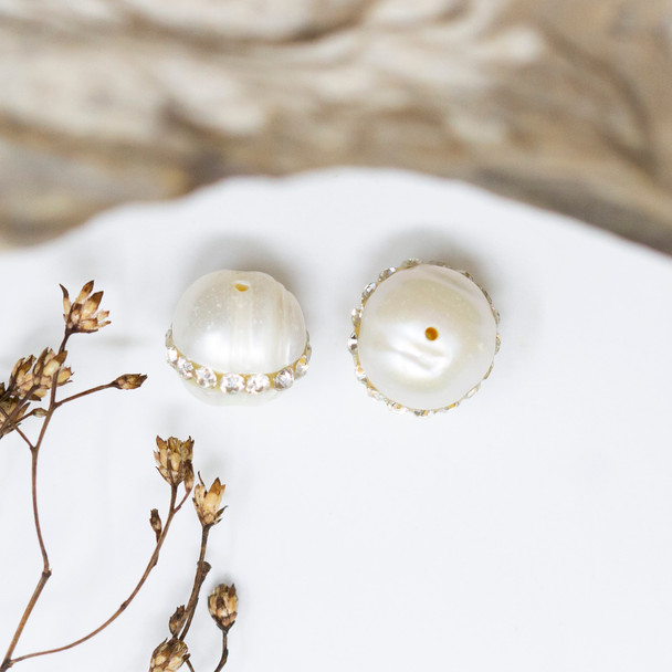 Freshwater Pearl with Rhinestone Band Polished White 9-10mm