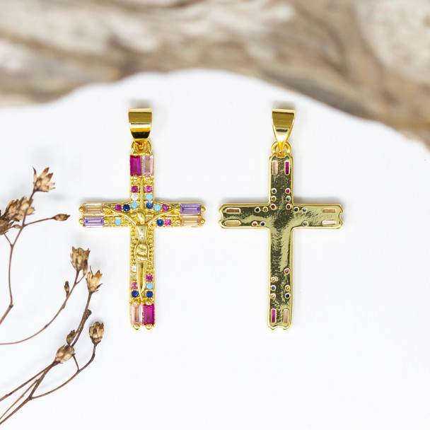 Gold Plated Micro Pave 28x18mm Multi Crucifix Cross