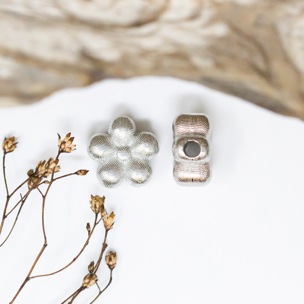 Silver Plated 13mm Textured 5 Petal Flower Bead - Sold Individually